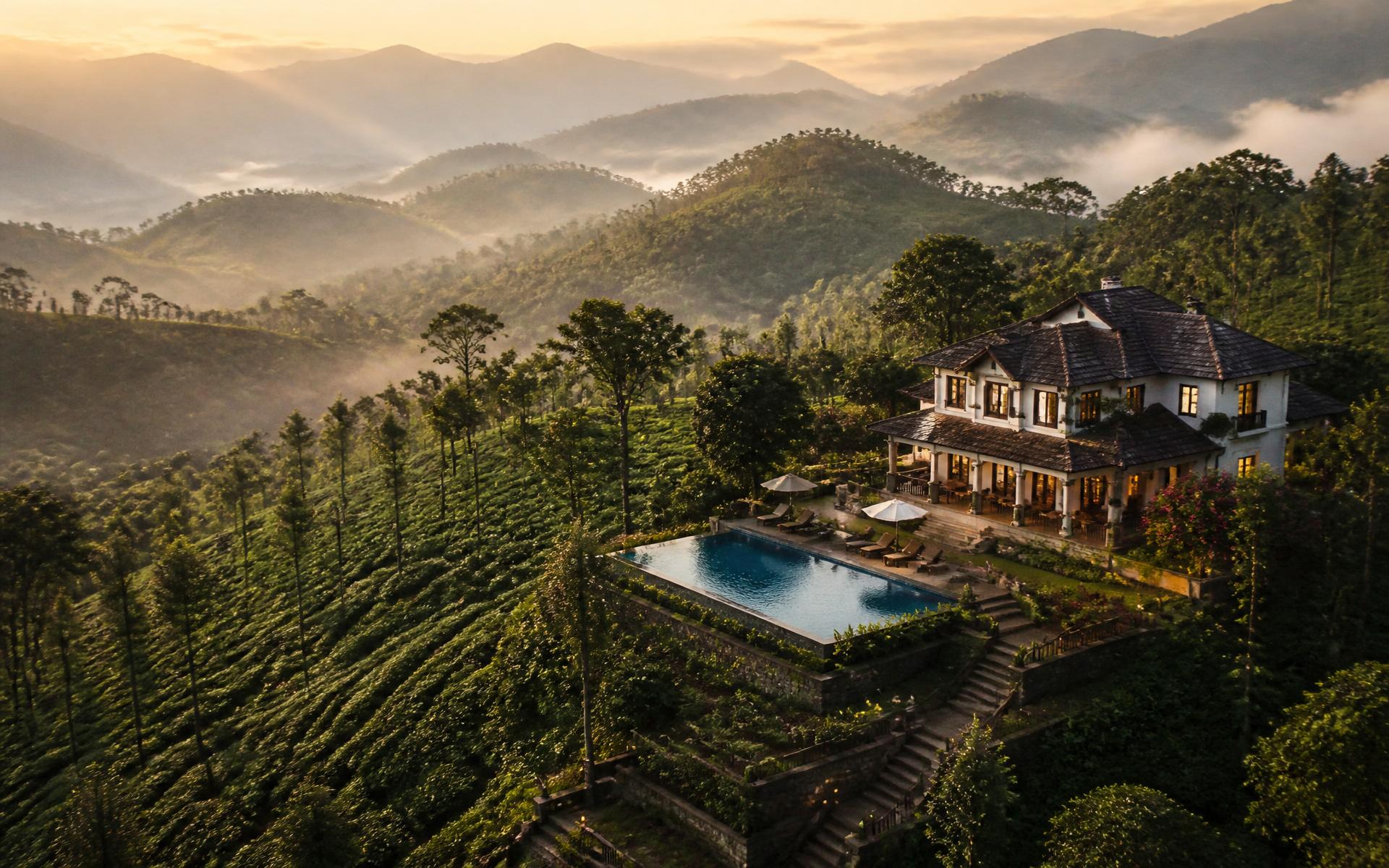 Luxury coffee estate homestay overlooking mist-covered hills at sunrise in Coorg, Karnataka